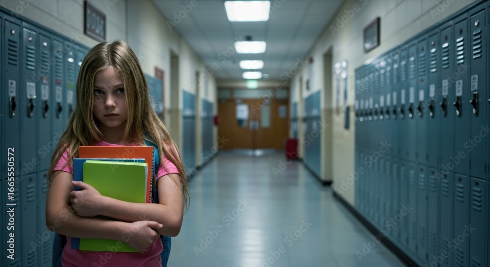 Obraz premium Anxious young girl feeling sad and lonely in an empty school hallway. Concept of bullying, depression, and social issues in childhood.