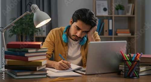 Exhausted young man studying at home with a laptop and books. Tired Indian student feeling stressed and bored while doing homework late at night.