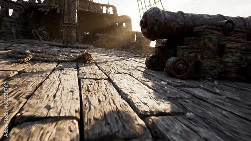 Sunlit cannon rests on the weathered deck of a decaying pirate ship, remnants of a bygone era.