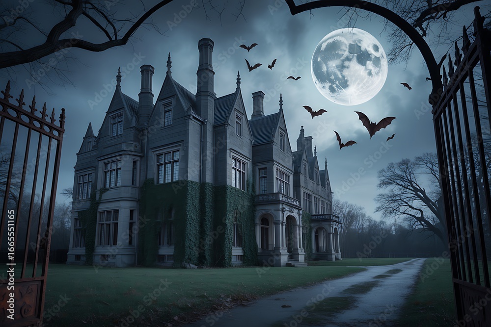 Fototapeta premium Spooky gothic mansion at night with full moon and flying bats for halloween celebration