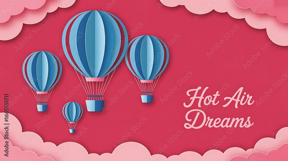 Naklejka premium Hot air balloons floating on the pink sky. Valentines background. Happy Valentine's day. Valentine's card. paper cut and craft style. vector, illustration, created with generative ai