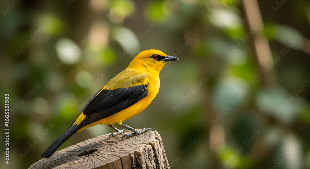 Naklejka premium Golden Beauty: A Vibrant Oriole Perched on Weathered Wood, Bathed in Soft Light, Showcasing Nature's Palette Against a Backdrop of Verdant Foliage in a Tranquil Setting