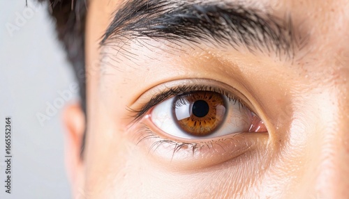 Extreme close-up of an Asian man’s brown eye, hyper-detailed iris and eyelashes, cinematic soft light, blurred neutral background