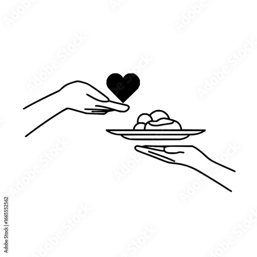 Two hands exchanging a plate of food with a heart above in a simple black and white line drawing art