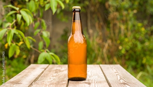 A glass beer bottle sits on a weathered wooden table, surrounded by out-of-focus green foliage.