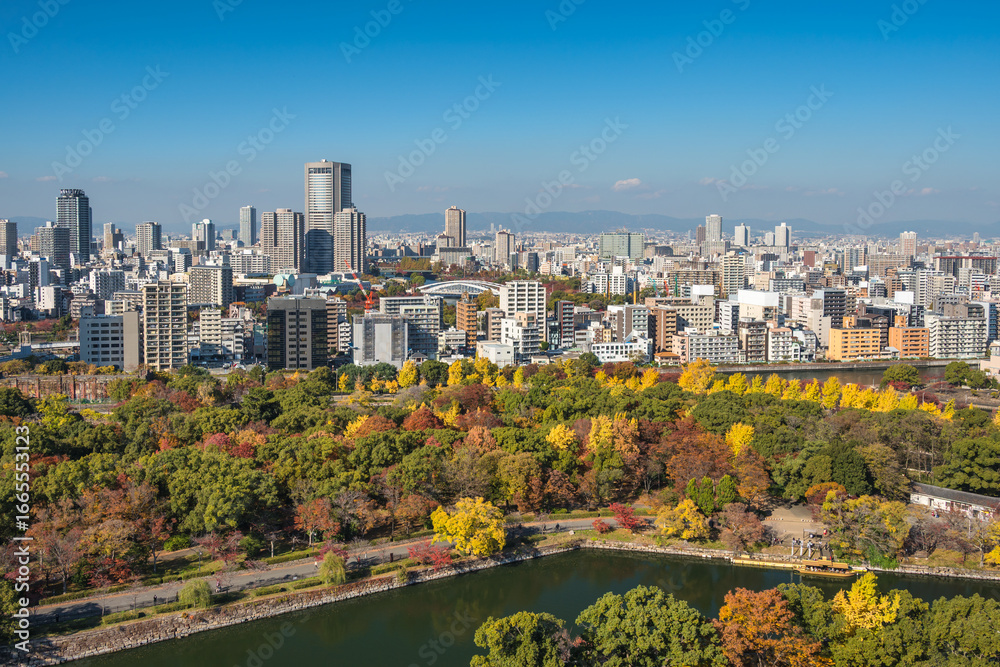 Fototapeta premium Osaka Japan, city skyline in autumn season