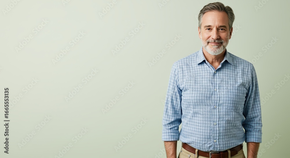 Fototapeta premium Smiling mature man in casual blue checkered shirt looking confident and approachable, grey hair and beard conveying experience and friendliness, standing against light green background
