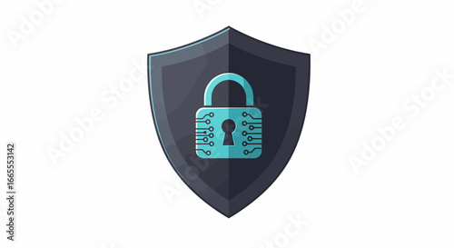 Create a descriptive title (6-180 characters, no keyword lists).     *   "Digital security shield with a teal padlock featuring circuit board patterns" seems appropriate.