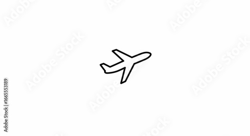 Minimalist outline drawing of an airplane taking off or in flight on a white background.