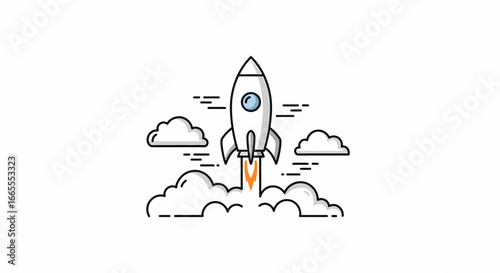 Line art illustration of a rocket launching into space with smoke and clouds, symbolizing startup, innovation, or progress.