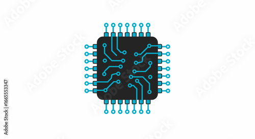An illustration of a black integrated circuit chip with blue pins and internal circuitry.