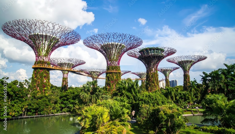 Fototapeta premium Futuristic tree-like structures rise above lush greenery and a serene waterway under a vibrant blue sky