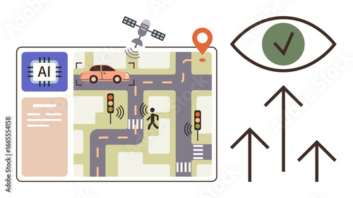AI-powered vehicle navigating city streets with traffic lights, pedestrian sensors, GPS, and location pin. Ideal for smart city solutions, AI, innovation, IoT, transportation automation safety