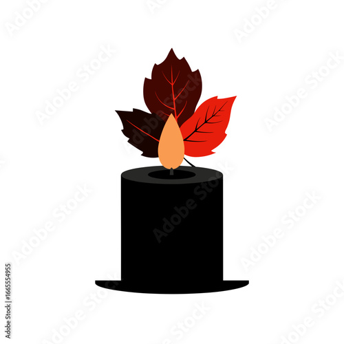 Vector icon of a candle with autumn leaves and flame on top
