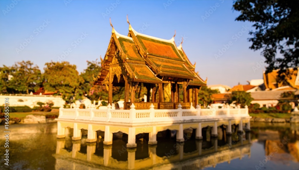 Obraz premium Ornate wooden temple on a pond reflecting the golden sunset light