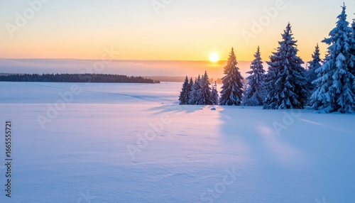 Snow-covered field with frost-covered evergreens at sunset during a serene winter evening