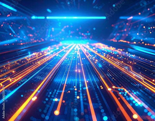Futuristic glowing circuit board with vibrant blue and orange light trails, symbolizing technology, digital innovation, and high-speed data connections.