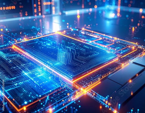 Futuristic glowing circuit board with vibrant blue and orange light trails, symbolizing technology, digital innovation, and high-speed data connections.