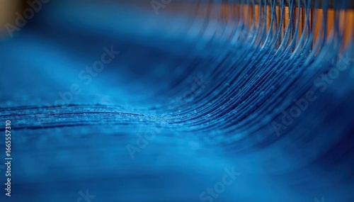 Smooth blue thread interlacing on modern loom , textile, industry, yarn