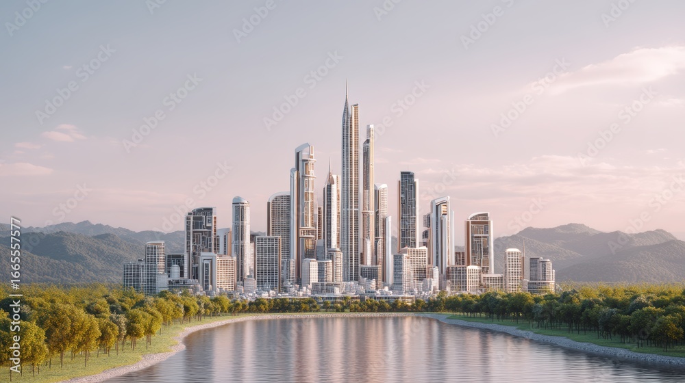 Fototapeta premium Modern city skyline with skyscrapers by river and mountains at sunset