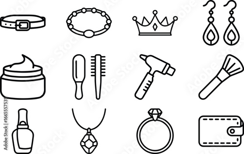 Collection of twelve black and white line art icons of fashion and beauty items vector