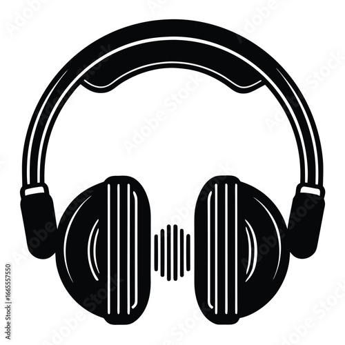 Black headphones with sound waves audio music