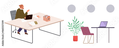 Office worker seated at desk with a laptop and files, nearby a potted plant and chair setup. Ideal for productivity, workspace design, efficiency, organization, remote work, creativity, simple flat