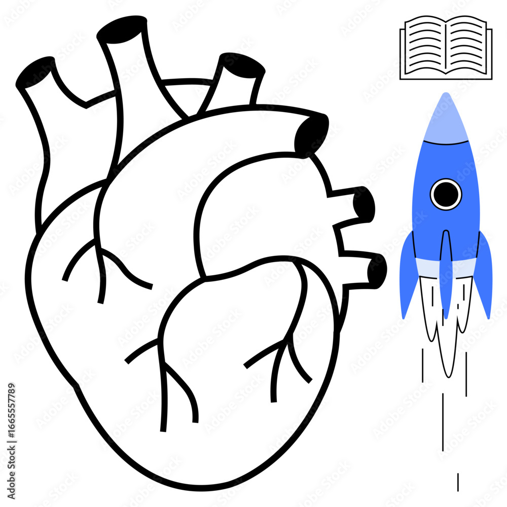 Obraz premium Anatomical heart drawing paired with a blue rocket and open book symbolizing knowledge, curiosity, innovation, education, aspiration, exploration, and growth. A simple flat metaphor