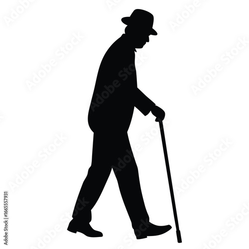 Elderly man walking with cane silhouette