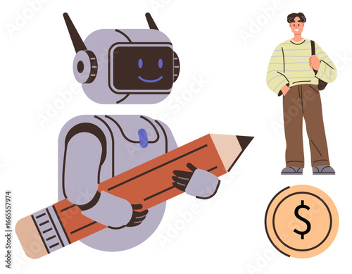 Friendly robot with pencil, student carrying bag and coin represent AI-driven learning, creativity, education, innovation, future technology, financial growth, collaboration. Ideal for education