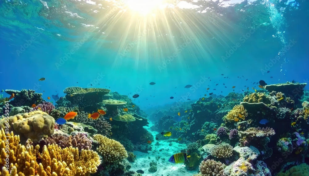 Fototapeta premium Sunbeams illuminate a vibrant coral reef teeming with colorful fish in clear blue water