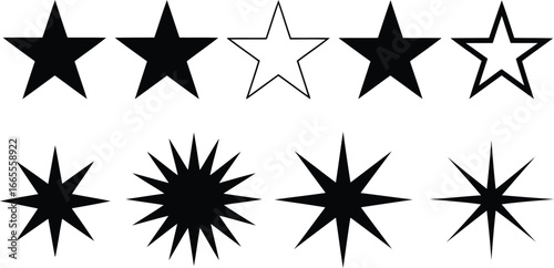 Assorted Starry Collection Featuring Classic Five Point Stars and Multi Pointed Stars in Both Solid and Outline Forms on White