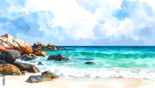 A vibrant seascape painting showcases a tranquil beach scene with large rocks and turquoise waves crashing on the shore.