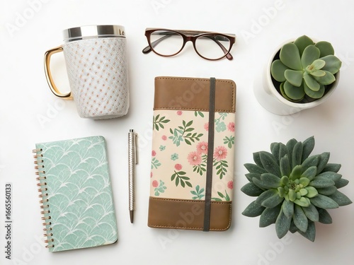 Flat lay of a cozy workspace with a patterned mug floral journal eyeglasses pen and two green succulents on a white background