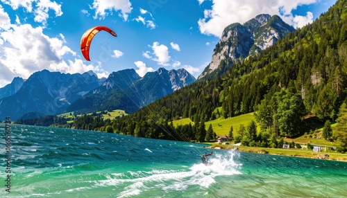 Kitesurfer rides turquoise waves of an alpine lake amidst majestic mountains and vibrant green shores