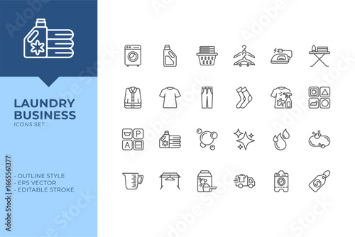 Laundry business icons set. Featuring washing machine, detergent, hanger, basket, and clothing care symbols for cleaning services. EPS vector.