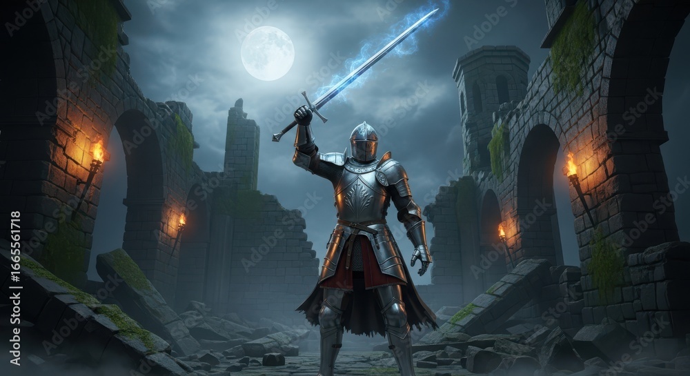 Fototapeta premium Knight with glowing sword stands victorious in ancient ruins under moonlight