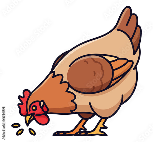 A simple brown hen with a red comb and wattle pecking at grains
