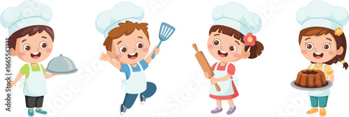 Cute cartoon kids wearing chef hats, cooking, baking cake, holding kitchen utensils, smiling happily, isolated on white background, vector illustration for children