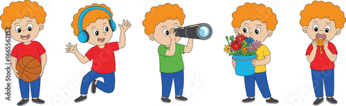 Cute cartoon red-haired boy playing basketball, listening to music, using telescope, holding flowers, eating donut, isolated on white background, vector illustration