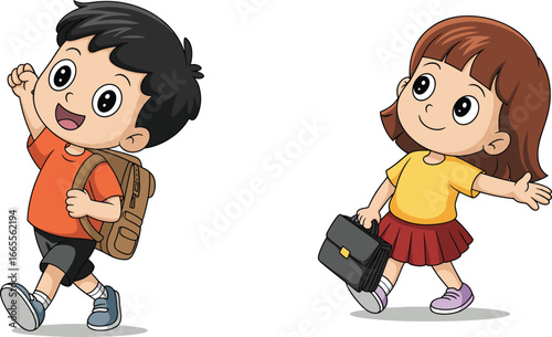 Cute cartoon school kids walking happily, boy with backpack, girl holding briefcase, smiling children going to school, education and learning illustration