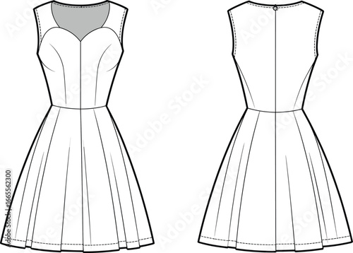 Elegant sleeveless dress technical flat sketch, fitted bodice with sweetheart neckline, flared skirt, fashion design template for garment illustration