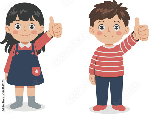Happy boy and girl giving thumbs up, cute cartoon children showing approval, positive gesture, smiling kids expressing agreement and encouragement