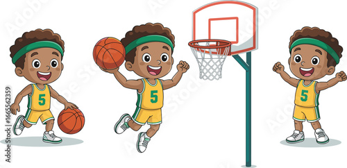 Happy cartoon boy playing basketball, dribbling, jumping and scoring, cute kid in sports uniform, fun outdoor activity, energetic children game scene