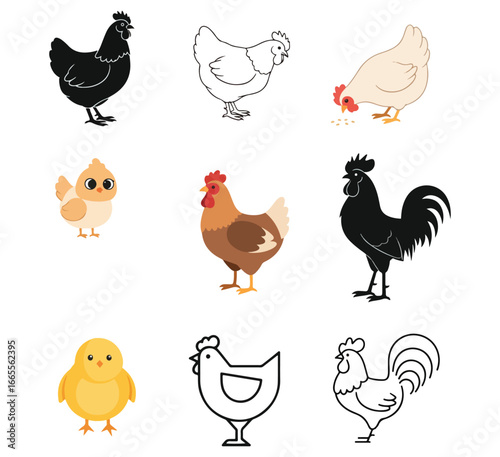 A diverse set of stylized chicken illustrations showing roosters hens and chicks in various styles.