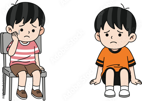 Sad boy sitting on chair, upset child on floor, unhappy kids illustration, emotional expression, cartoon drawing, isolated white background