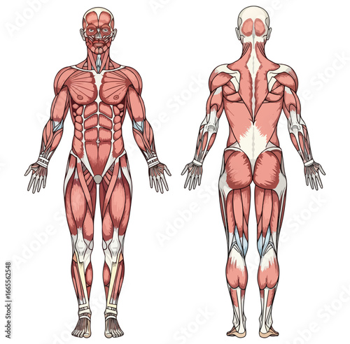 A comprehensive anatomical chart of the human muscular system in both frontal and posterior views