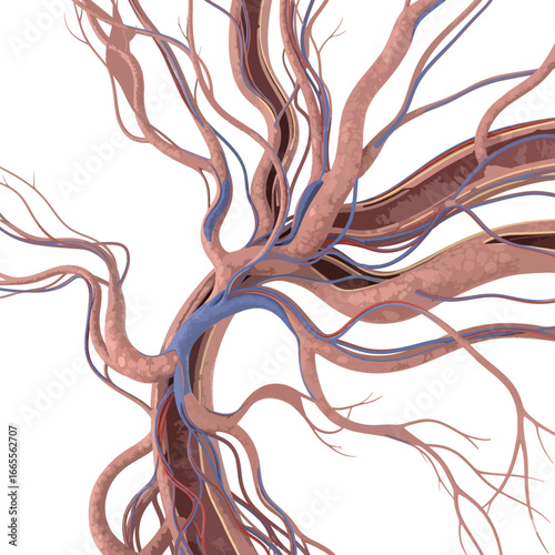 a 3D medical illustration of the branching vascular network within the human body.