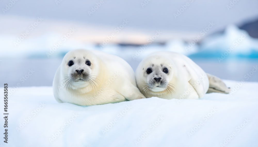 Obraz premium Two adorable white seal pups rest on a snow-covered ice floe with blurred icebergs in the background