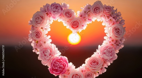 Pink Rose Heart Frame at Sunset with Warm Glow Romantic Nature Scene